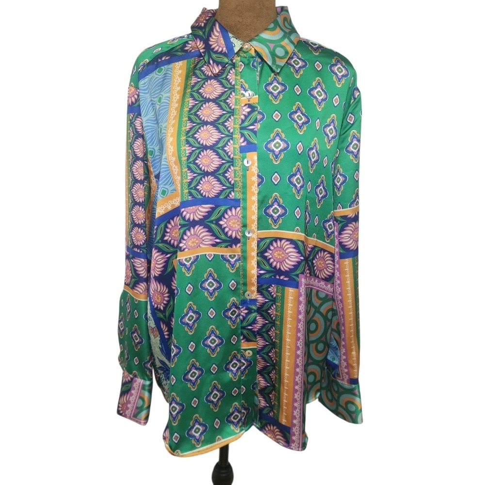 Rachel Zoe Shirt Colorful Button Down Top Size Large Satin Floral Geometric